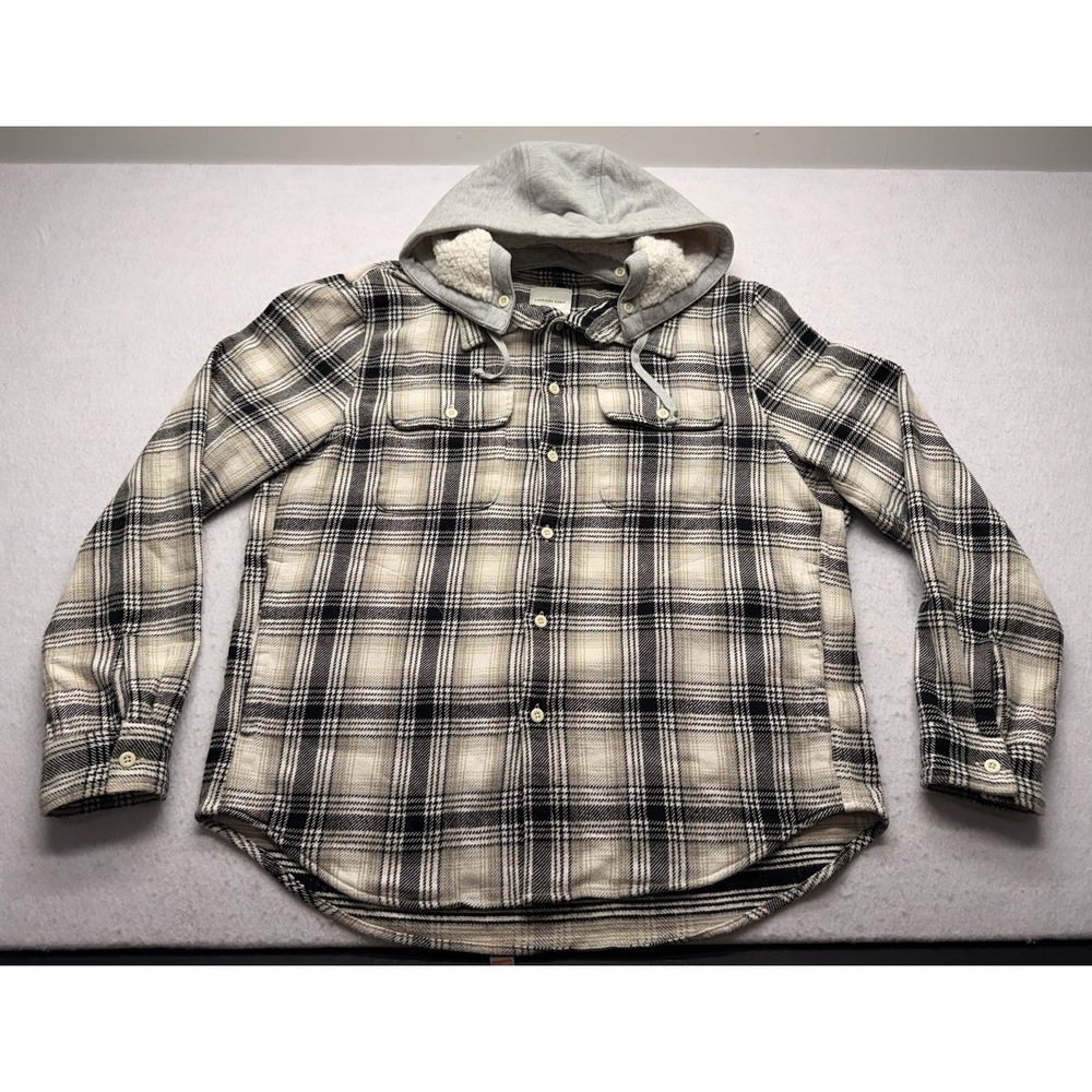 American Eagle Men's L Hooded Flannel Shirt Jacket Plaid Cream Gray Sherpa Large